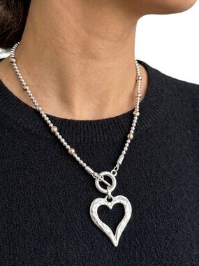 Silver Tone Heart Pendant Necklace Toggle Clasp Beaded Chain Statement